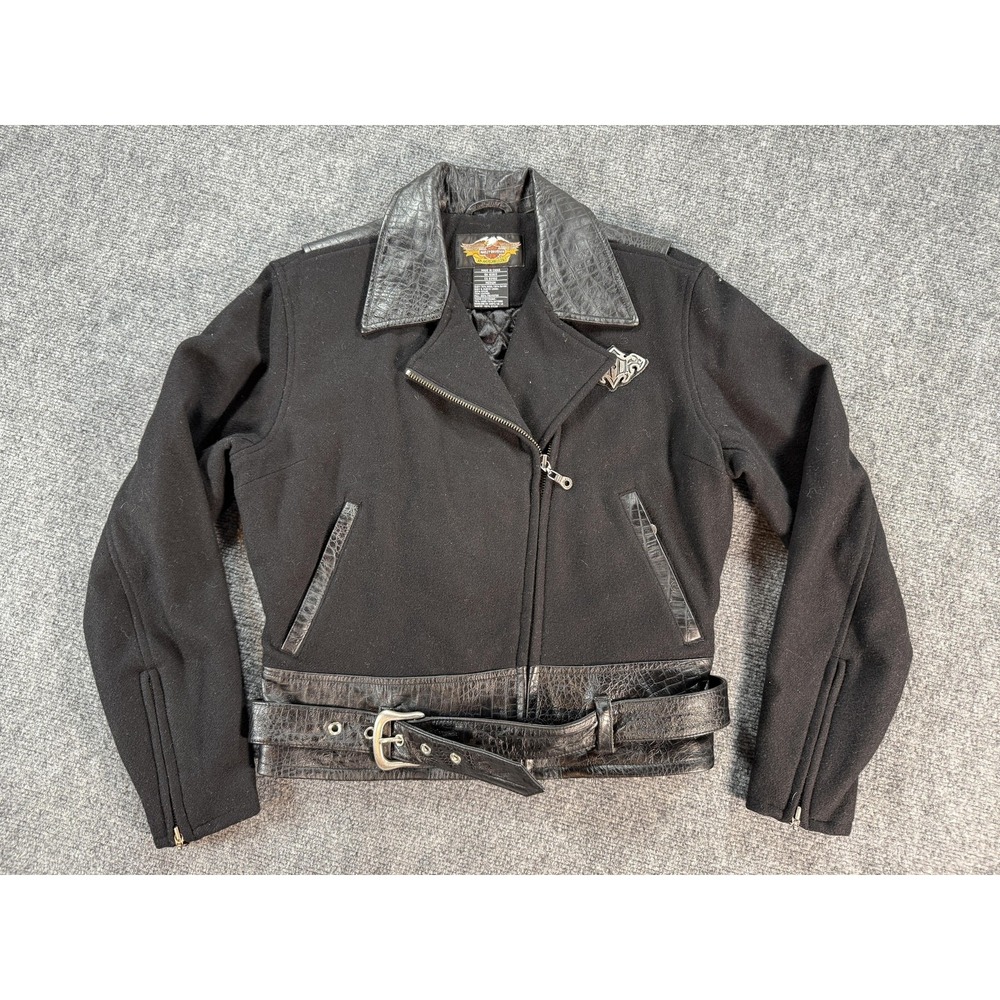 Harley-Davidson Jacket Womens‎ Medium Black Wool Belted Motorcycle Croc Collar